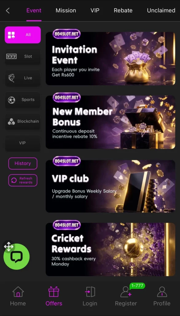 Slot804 game dashboard on Android device